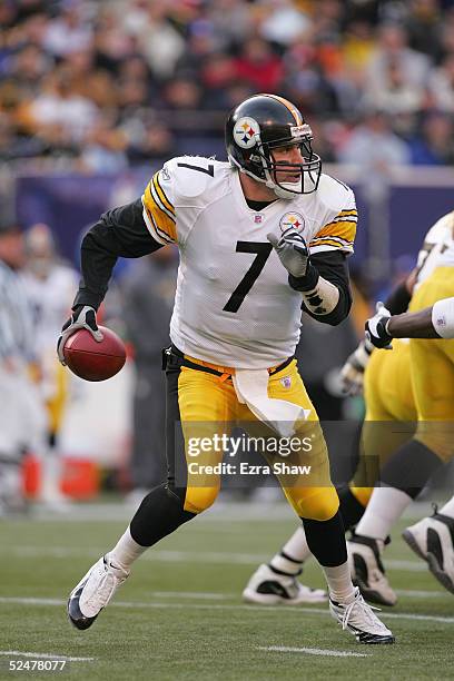 Ben Roethlisberger of the Pittsburgh Steelers scrambles during the game against the New York Giants at Giants Stadium on December 18, 2004 in East...
