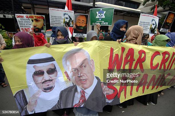 Demonstrators protested at the Embassy of Saudi Arabia in Jakarta on January 04,2016. This demonstrator action related to the execution of a...