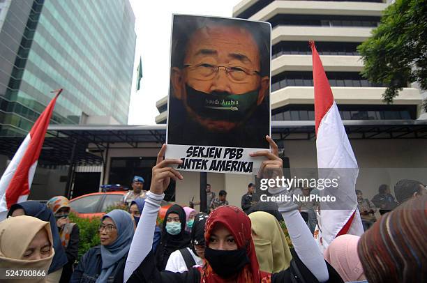 Demonstrators protested at the Embassy of Saudi Arabia in Jakarta on January 04,2016. This demonstrator action related to the execution of a...