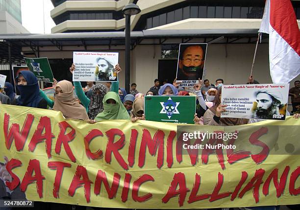 Demonstrators protested at the Embassy of Saudi Arabia in Jakarta on January 04,2016. This demonstrator action related to the execution of a...