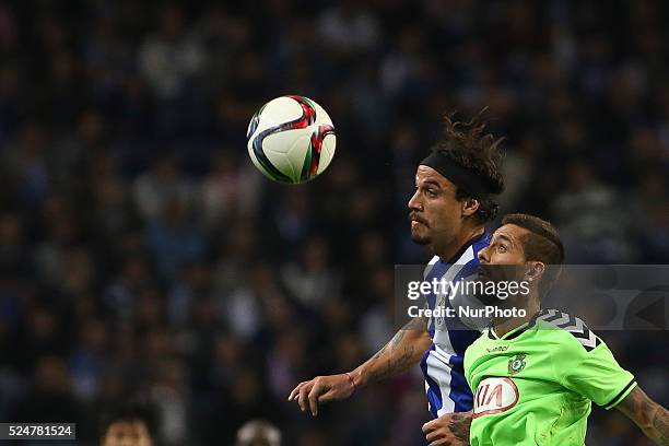 Porto's Itaian forward Pablo Osvaldo and Setubal's Portuguese midfielder Andr�� Horta jumps during the Premier League 2015/16 match between FC Porto...