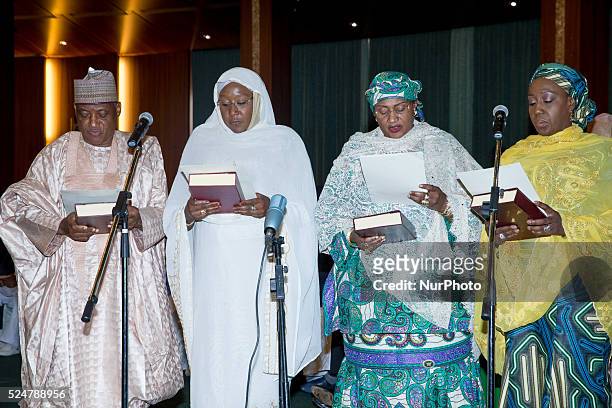 Munsur Mohammed Dan Ali, Hajia Khadija Bukar Ibrahim, Aisha Jummai Alhassan and Aisha Abubakar taking their Oath of Office as President Buhari...