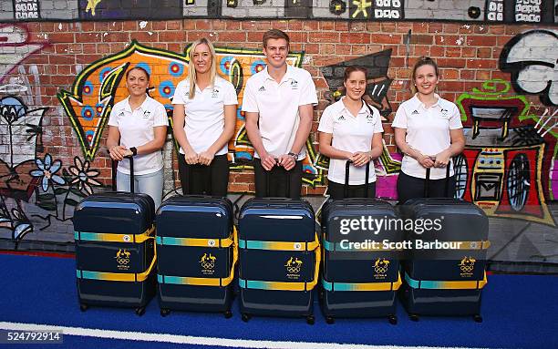 Athletes Alex Hartmann , Belinda Hocking , Rachel Jarry , Melissa Tapper and Shelley Watts pose during the Australian Olympic Games Crumpler Luggage...