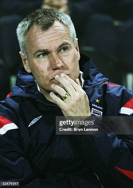England U21 manager Peter Taylor watches his team during the UEFA European U21 Championship qualifying match between England and Germany at the...