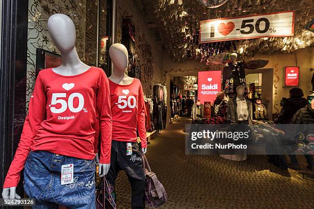 Shop window offering generous discounts during the winter sales in downtown Rome, Italy, on January 5, 2016. The first day of winter sales in many...