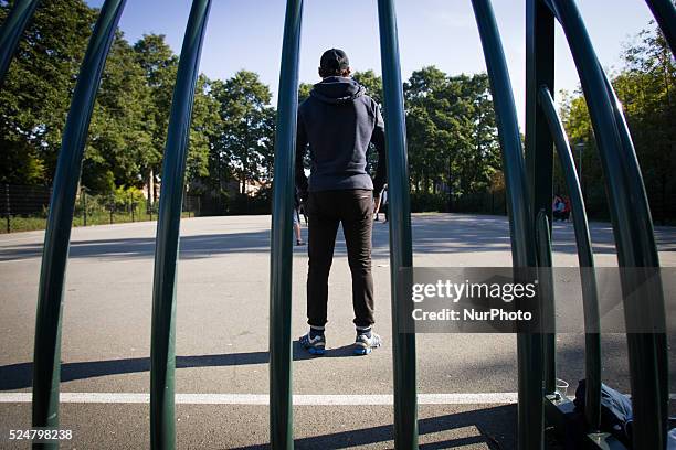 Syrian refugees are seen playing football. On Friday night three buses with around 125 refugees arrived from the central processing center in Ter...