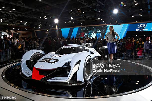 Modal poses with Hyundai Car at the Auto Expo in Greater Noida, on the outskirts of New Delhi in India on Monday, Feb. 8, 2016. The 13th edition of...