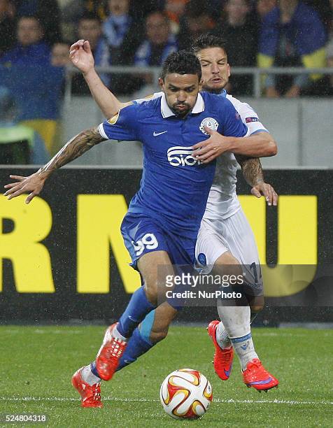 Matheus of Dnipro vies for the ball with Dries Mertens of Napoli during the UEFA Europa League, semi-final, second leg, soccer match between Dnipro...