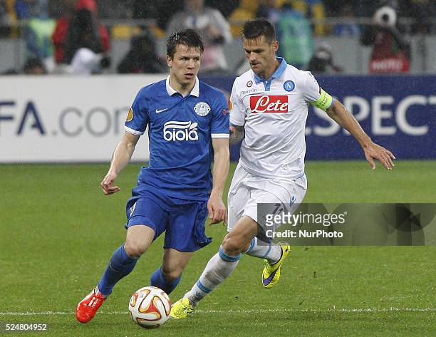Yevhen Konoplyanka of Dnipro vies for the ball with Christian Maggio of Napoli during the UEFA Europa League, semi-final, second leg, soccer match...