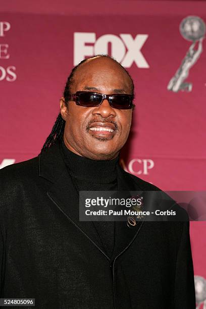 Musician Stevie Wonder in the photo room at the 36th Annual NAACP Image Awards held at the Dorothy Chandler Pavilion.