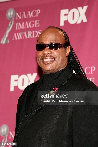 Musician Stevie Wonder in the photo room at the 36th Annual NAACP Image Awards held at the Dorothy Chandler Pavilion.
