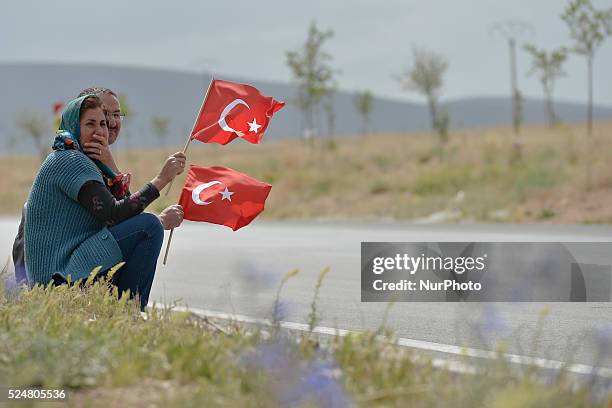Couple of Turkish supporters awaiting for the riders on the side of the road, during the third stage of 52nd Presidential Tour of Turkey 2016,...