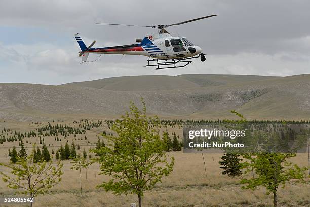 Helicopter films the third stage of 52nd Presidential Tour of Turkey 2016, Aksaray Konya Stage . On Tuesday, 26 April 2016, in Aksaray, Turkey,