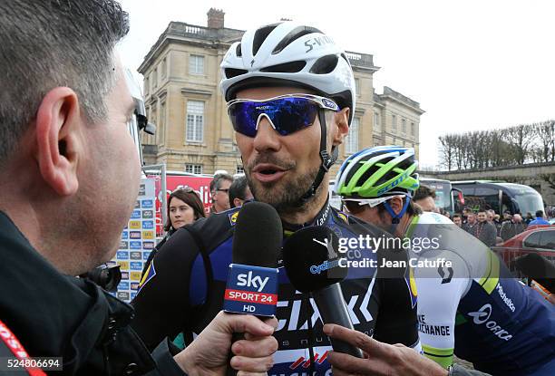 Tom Boonen of Belgium and Etixx - Quick Step answers to the media in the Place Charles de Gaulle before the start of the 2016 Paris - Roubaix cycle...