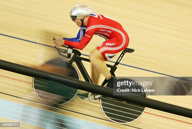 Chris Hoy of Great Britain rides to bronze in the men's 1km time trial during day two of the 2005 UCI Track Cycling World Championships on March 25,...