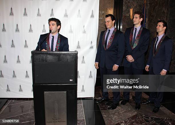 "Jersey Boys" cast members: Jarrod Spector, Matt Bogart, Ryan Jesse & Dominic Nolfi host a Lighting Ceremony at The Empire State Building To...