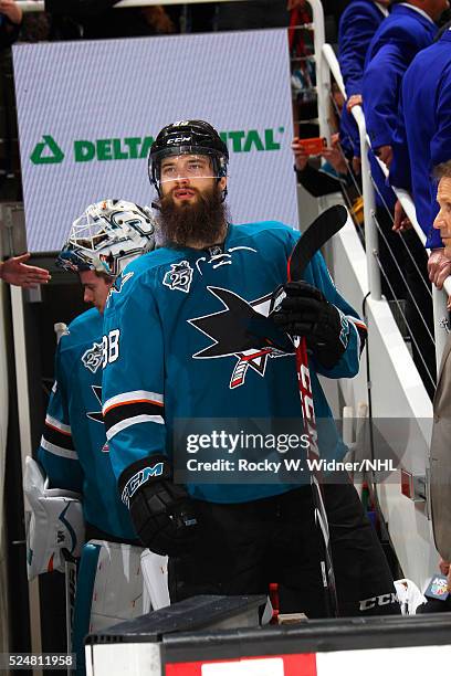 Brent Burns of the San Jose Sharks looks on after defeating the Los Angeles Kings in Game Four of the Western Conference Quarterfinals during the...