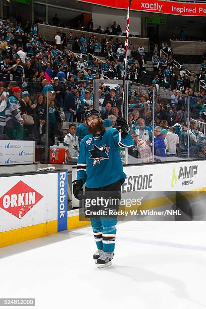 Brent Burns of the San Jose Sharks celebrates after defeating the Los Angeles Kings in Game Four of the Western Conference Quarterfinals during the...