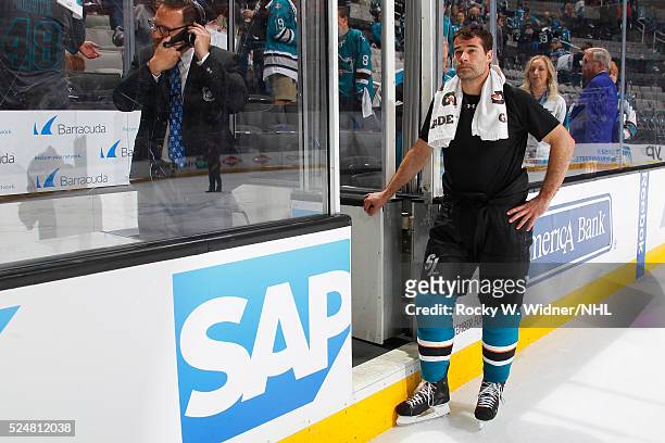 Patrick Marleau of the San Jose Sharks looks on after defeating the Los Angeles Kings in Game Four of the Western Conference Quarterfinals during the...