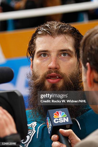 Brent Burns of the San Jose Sharks speaks with media after defeating the Los Angeles Kings in Game Four of the Western Conference Quarterfinals...