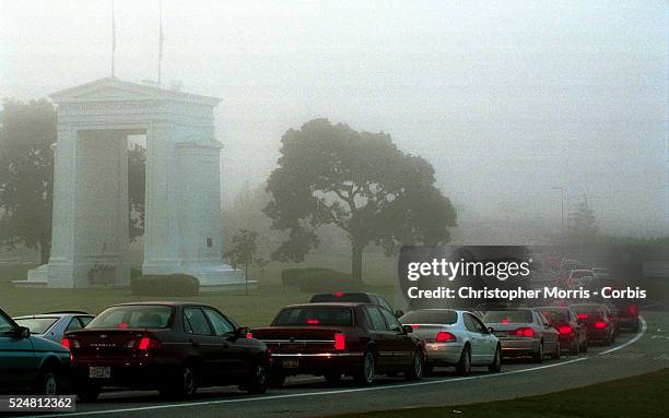 Cars line up to enter the United States at the Peace Arch border crossing, between British Columbia and Washington State.