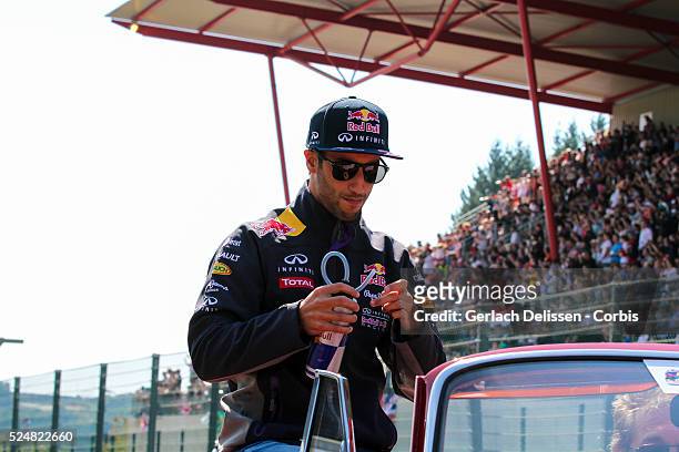 Daniel Ricciardo driving for the Infiniti Red Bull Racing Team at the drivers parade during the 2015 Formula 1 Shell Belgian Grand Prix at Circuit de...
