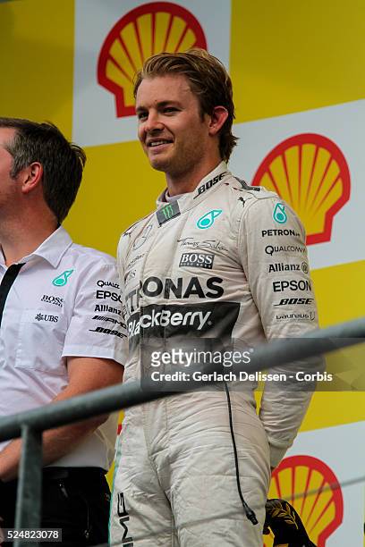 Nico Rosberg driving for the Mercedes AMG Petronas F1 Team on the podium after the race of the 2015 Formula 1 Shell Belgian Grand Prix at Circuit de...
