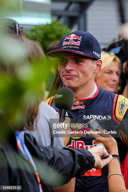 Max Verstappen driving for the Scuderia Torro Rosso Team during the post-race press conference of the 2015 Formula 1 Shell Belgian Grand Prix at...