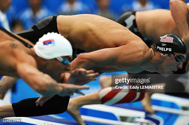 Michael Phelps in action during the men's 100m Butterfly final during the 2008 Olympics in Beijing, China. Phelps won the race for his 7th gold medal...