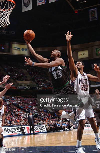 Trenton Hassell of the Minnesota Timberwolves goes for a layup as Jason Collins of the New Jersey Nets defends on March 26, 2005 at the Continental...