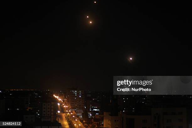 Picture taken from Gaza City shows a long-term J-80 missiles, which are launched from the Gaza Strip into Israel on July 12, 2014 in the wake of a...