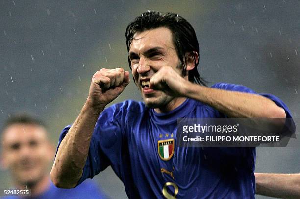 Andrea Pirlo of Italy jubilates after scoring his second goal on a free kick against Scotland during their World Cup 2006 group 5 qualification...