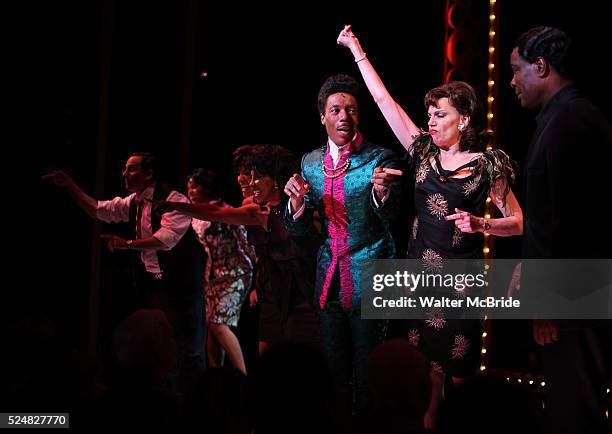The Shirelles lead singer Shirley Alston Reeves visits Geno Henderson, Beth Leavel, Allan Louis & the 'Baby it's You!' cast during their Curtain Call...