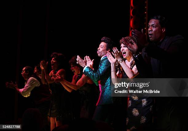 The Shirelles lead singer Shirley Alston Reeves visits Geno Henderson, Beth Leavel, Allan Louis & the 'Baby it's You!' cast during their Curtain Call...