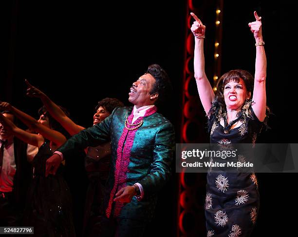 The Shirelles lead singer Shirley Alston Reeves visits Geno Henderson, Beth Leavel & the 'Baby it's You!' cast during their Curtain Call on Broadway...