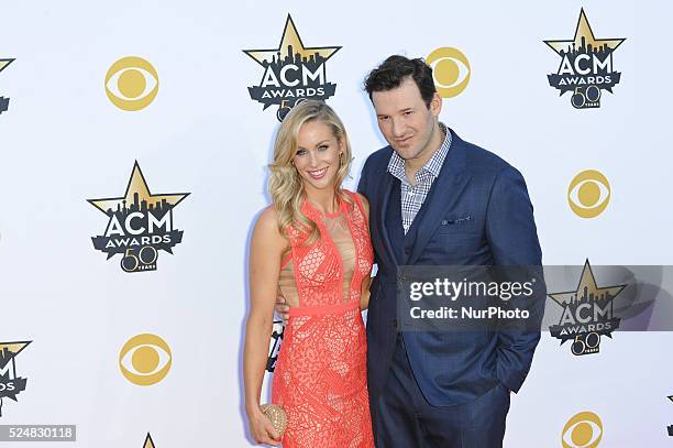 Reporter Candice Crawford and professional football player Tony Romo attend the 50th Academy Of Country Music Awards at AT&amp;T Stadium on April 19,...