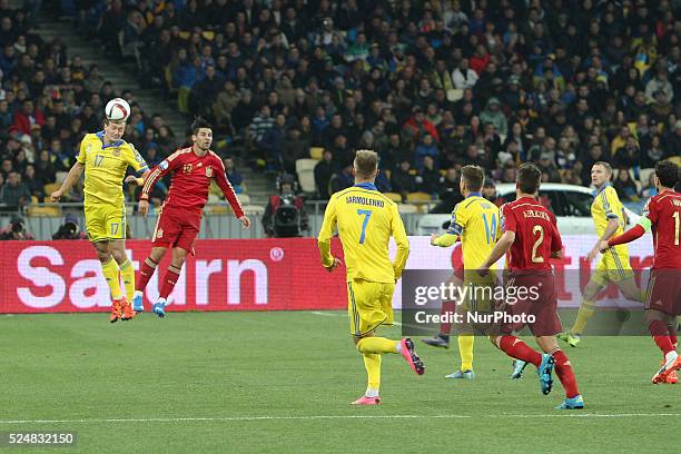 Artem Fedetskyi of Ukraine national team vies with Nolito of Spain during the European Qualifiers 2016 match between Ukraine and Spain national...