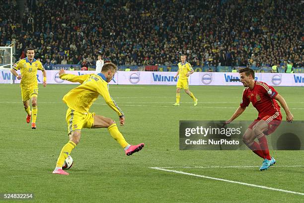 Andriy Yarmolenko of Ukraine national team vies with C��sar Azpilicueta of Spain during the European Qualifiers 2016 match between Ukraine and Spain...