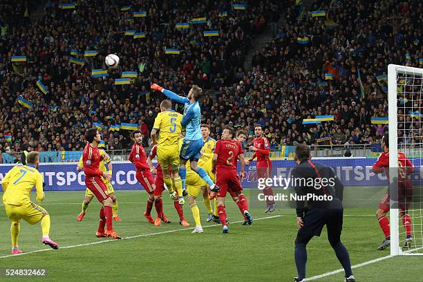 Goalkeeper David de Gea of Spain saves the gate during the European Qualifiers 2016 match between Ukraine and Spain national teams, at NSK...