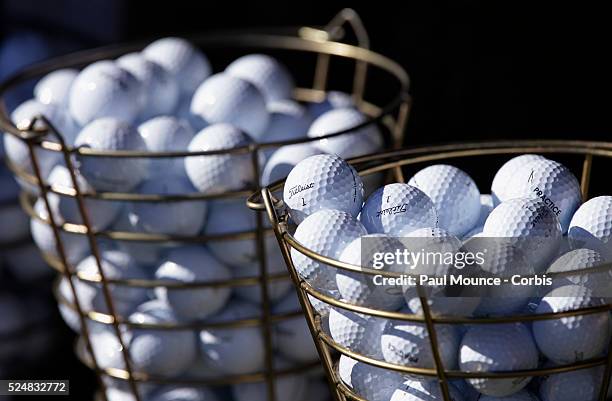 Detail of practice balls at the driving range during the fourth day of play at the Northern Trust Open held at Riviera Country Club.