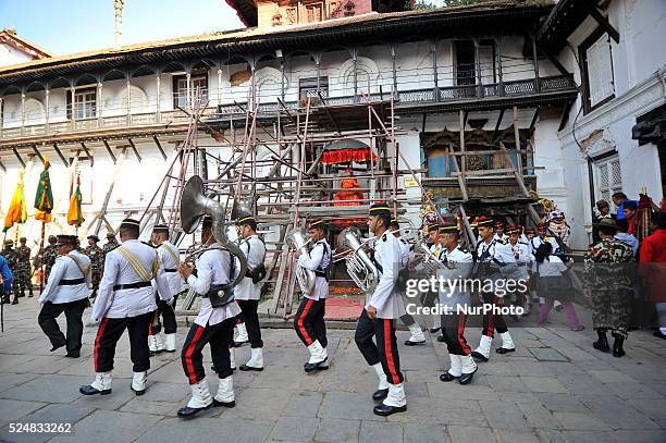 Nepalese Police Band Personnel getting ready to bring Fulpati during the seventh day of Dashain Festival at Hanuman Dhoka Durbar Square, Kathmandu on...
