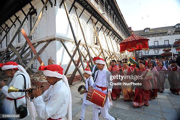 Nepalese Devotees along with the traditional 'Panchay Baja' ready to bring Fulpati during the seventh day of Dashain Festival at Hanuman Dhoka Durbar...