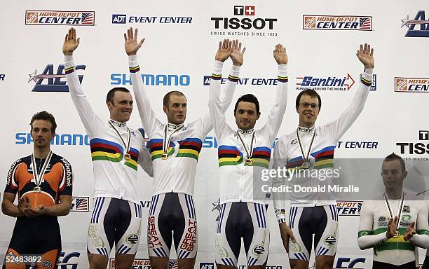 Team Great Britain celebrates her victory in the Men's Team Pursuit during day three of the 2005 UCI Track Cycling World Championships on March 26,...