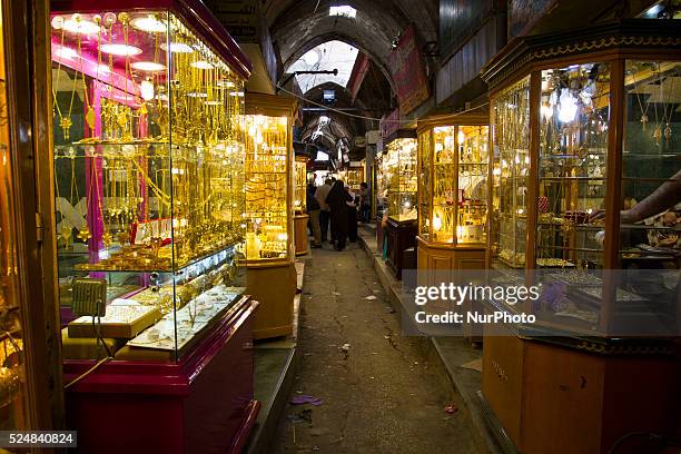 Gold shop at Gaza city old gold bazaar, Gazans grooms given dowry to the brides, In Islam a dowry does not have to be gold but in Gaza brides must...