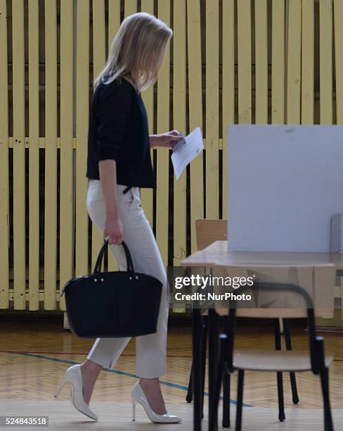 Kinga Duda, a daugther of Andrzej Duda who becomes the new President of the Republic of Poland, pictured as she arrived to casts his vote in the...