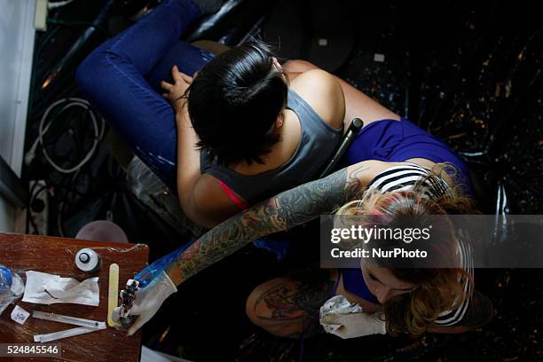 Quito , 27 Sep 2015.- The skin is the canvas of about 240 artists, among Ecuadorians and foreigners who participate in the International Tattoo...