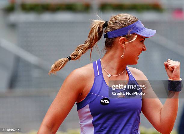 Spanish tennis player Paula Badosa celebrates after winning point during the match against Croatian tennis player Ana Konjuh at the Madrid WTA...