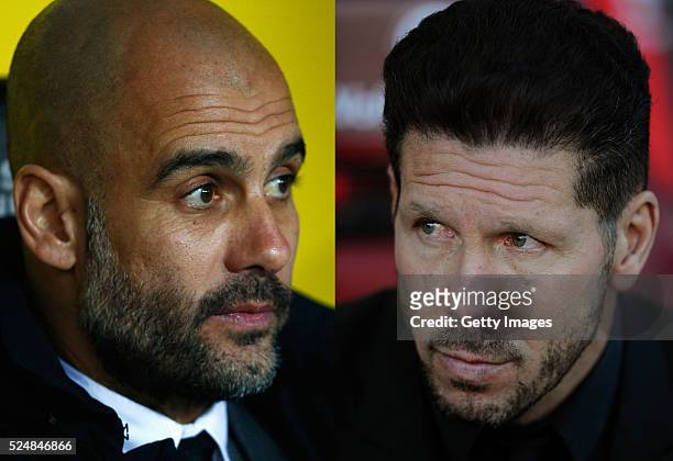Image Numbers 513897530 and 521916278) In this composite image a comparison has been made between Josep Guardiola manager of Bayern Munich and...