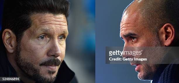 Image Numbers 521156498 and 515698692) In this composite image a comparison has been made between Manager Diego Simeone of Club Atletico de Madrid...