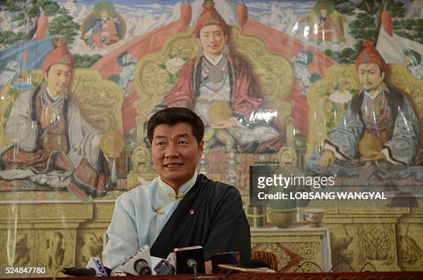 Sikyong of the Central Tibetan Administration Lobsang Sangay speaks during a press conference after the announcement of the Tibetan government...